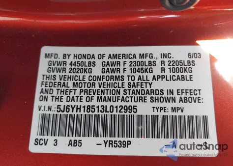 2003 Honda Element Ex z USA, uszkodzony, nr VIN 5J6YH18513L012995
